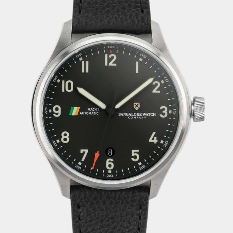 MACH 1 Civilian Steel wristwatch dial with clean and legible design, inspired by the German Flieger A pilot watch style.