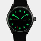 MACH 1 Civilian Steel wristwatch lume glowing with C3 Super-Luminova®, providing clear visibility.
