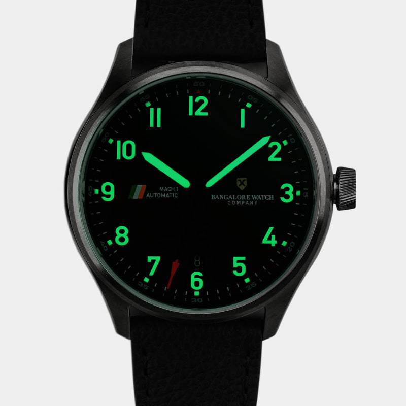 MACH 1 Civilian Steel wristwatch lume glowing with C3 Super-Luminova®, providing clear visibility.