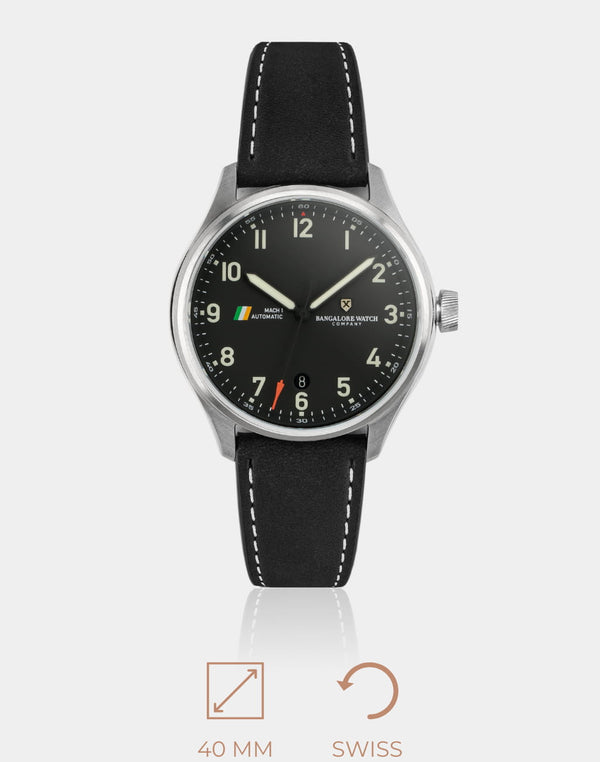 MACH 1 Civilian, Steel – Aviation-themed wristwatch with MiG-inspired elements and stainless steel case.